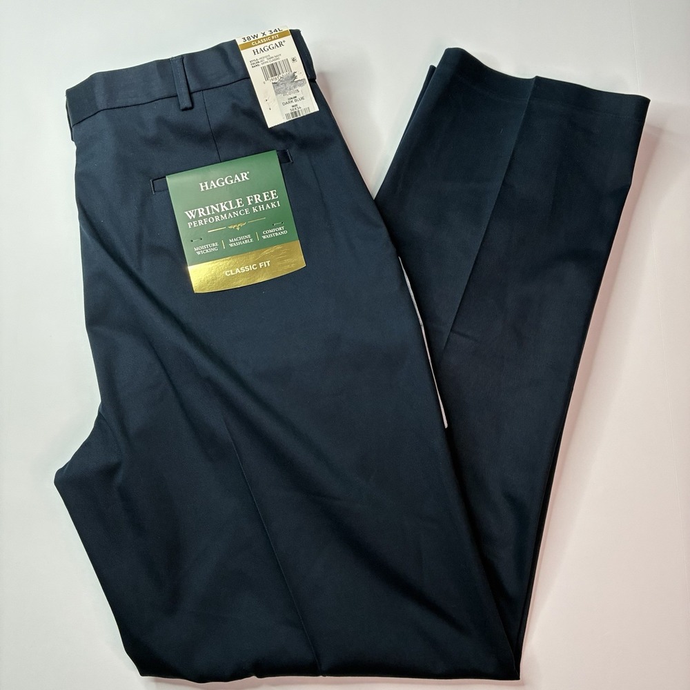Haggar Performance Khakis Men's 38x34 Dark Navy Blue Classic Fit Comfort Waist